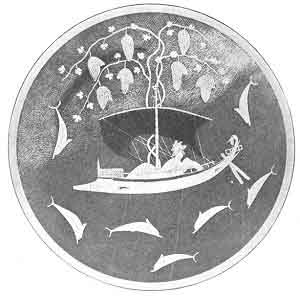 PLATE XXII. DIONYSOS IN THE SHIP<br> <i>A black-figured kylix by Exekias</i> (<i>6th cen. B.C.</i>). <i>in Munich</i> (<i>Furtwängler-Reichhold; Griechische Vasenmalerei, No. 42</i>).<br> (From <i>Mythology of All Races</i>, 1927. Vol. I, Plate XLIX)